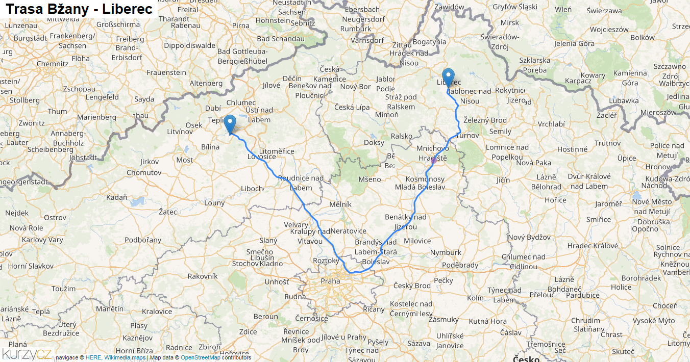 Bžany-Liberec, mapa trasy