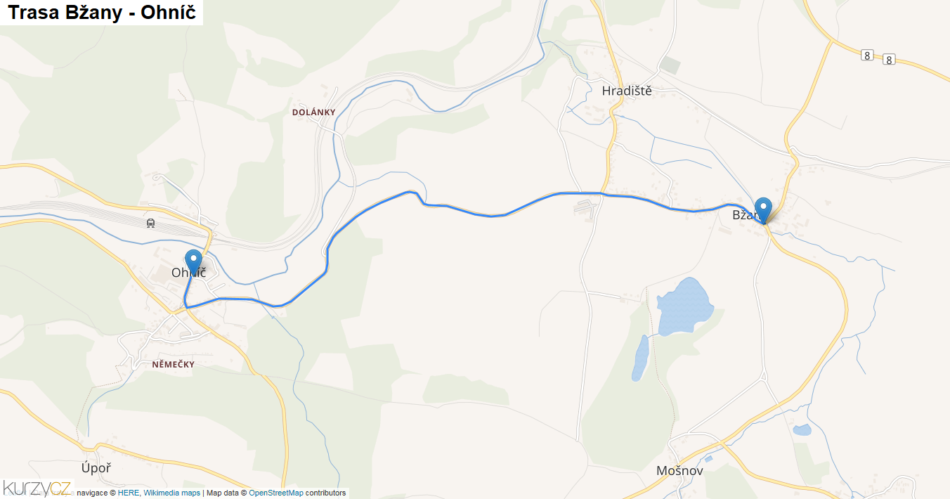 Bžany-Ohníč, mapa trasy