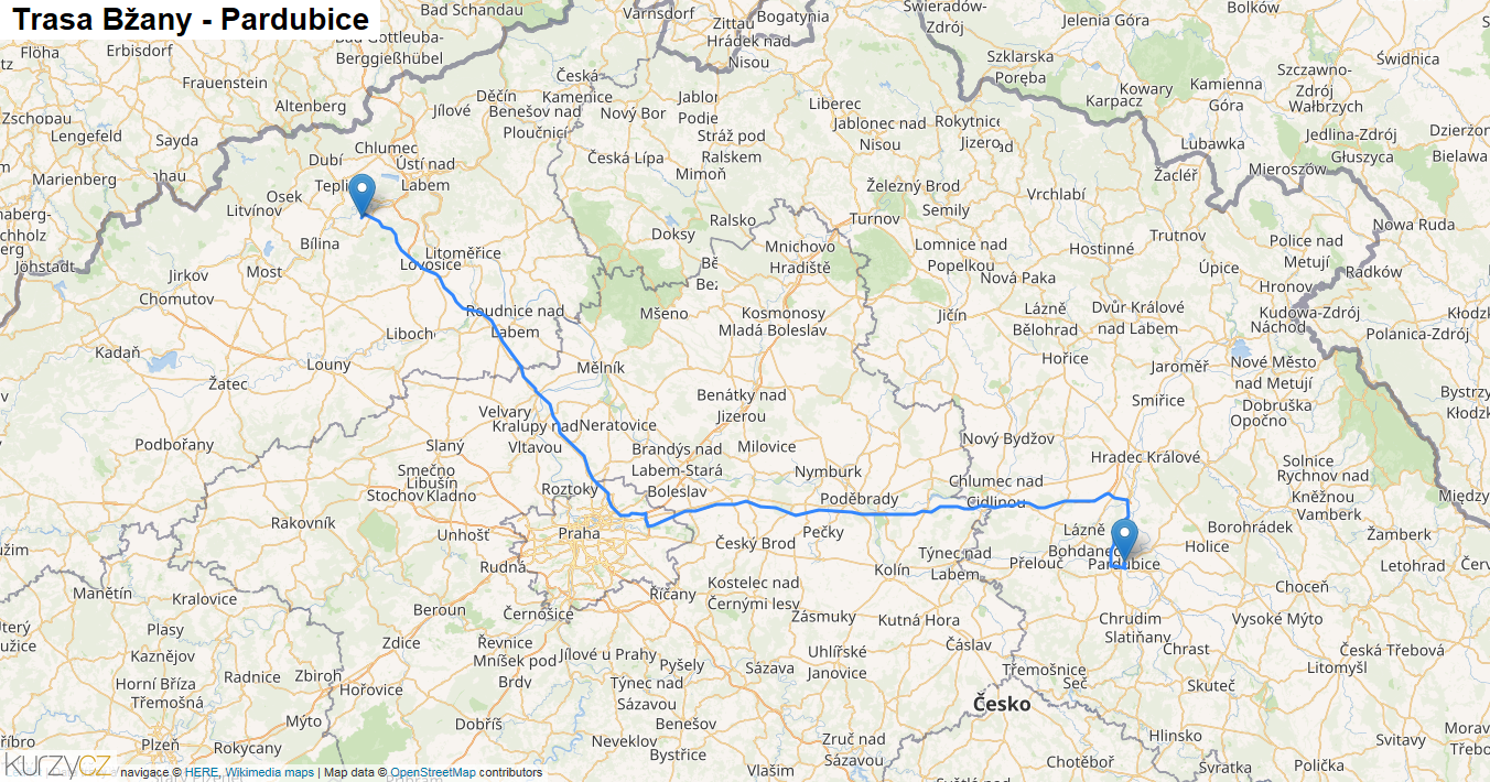 Bžany-Pardubice, mapa trasy