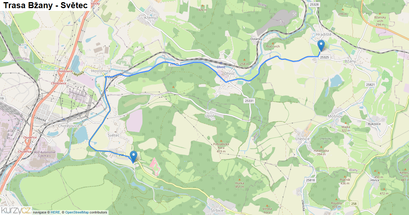 Bžany-Světec, mapa trasy