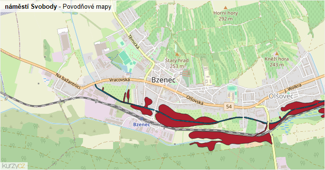 náměstí Svobody - záplavové mapy stoleté vody