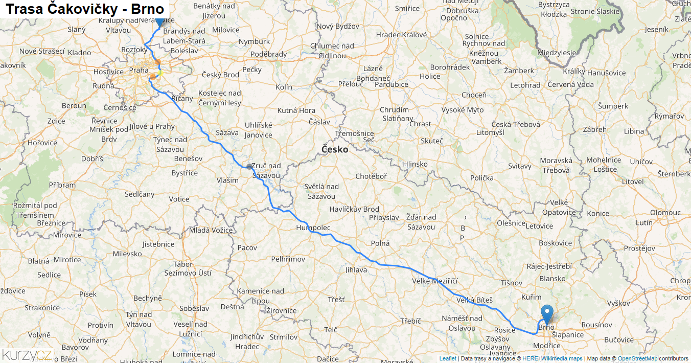 Čakovičky-Brno, mapa trasy