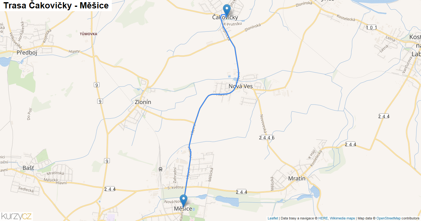 Čakovičky-Měšice, mapa trasy