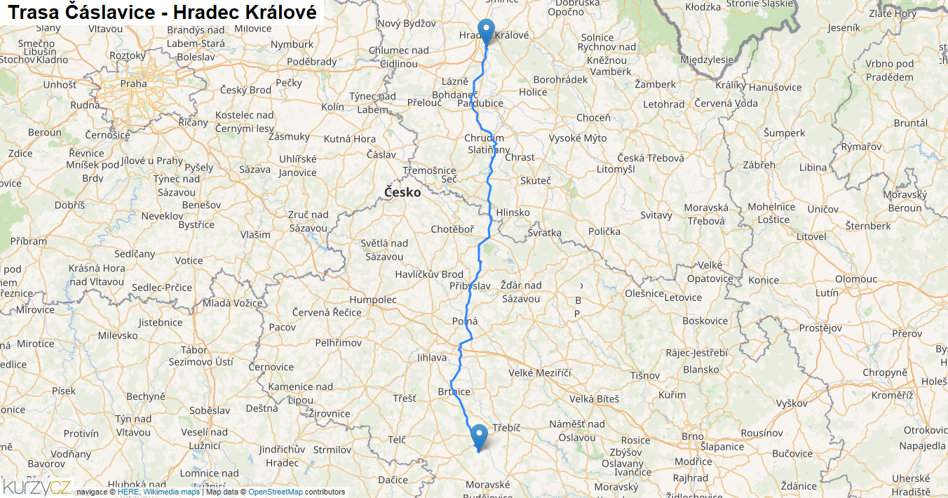 Čáslavice-Hradec Králové, mapa trasy