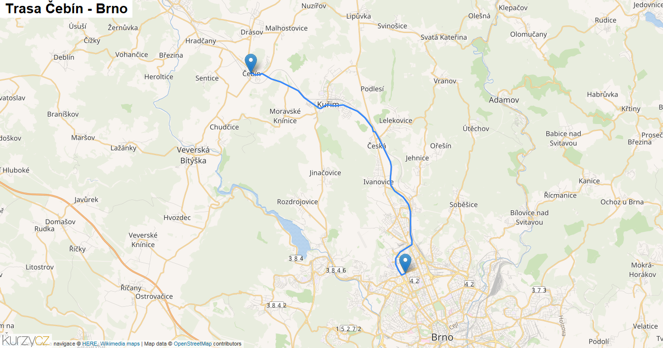 Čebín-Brno, mapa trasy