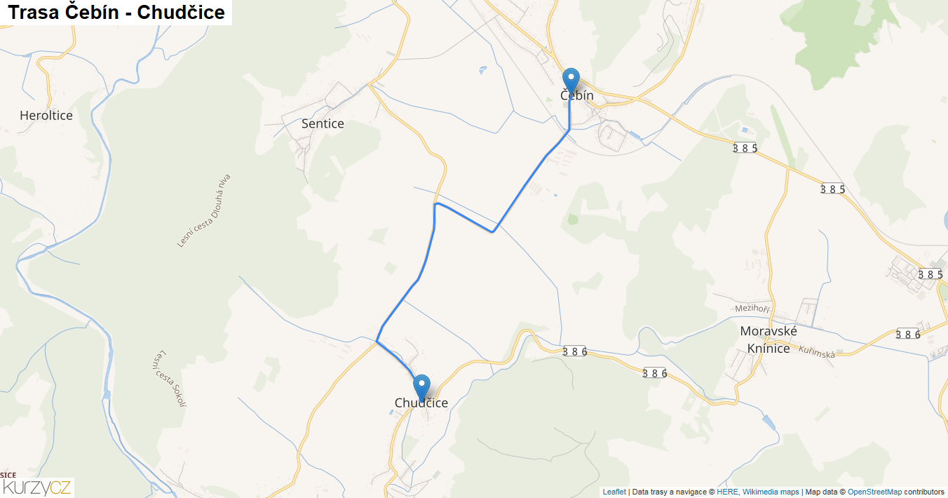 Čebín-Chudčice, mapa trasy