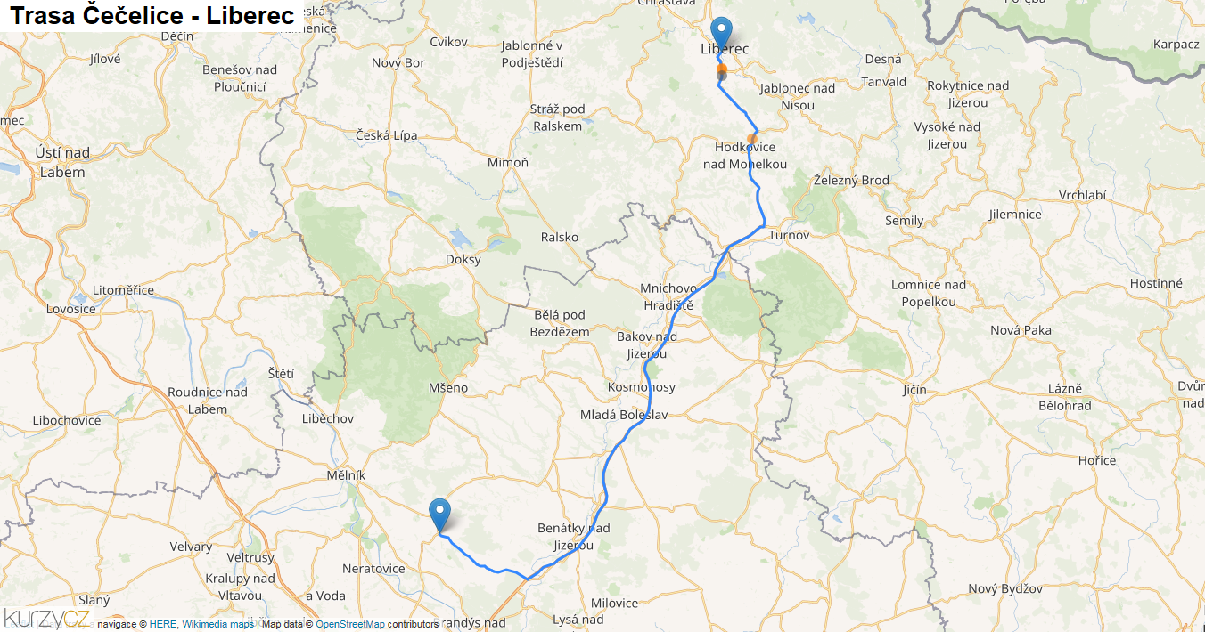Čečelice-Liberec, mapa trasy