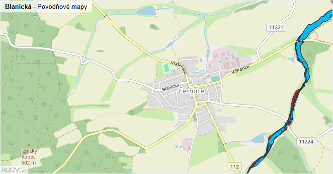 Blanická - záplavové mapy stoleté vody