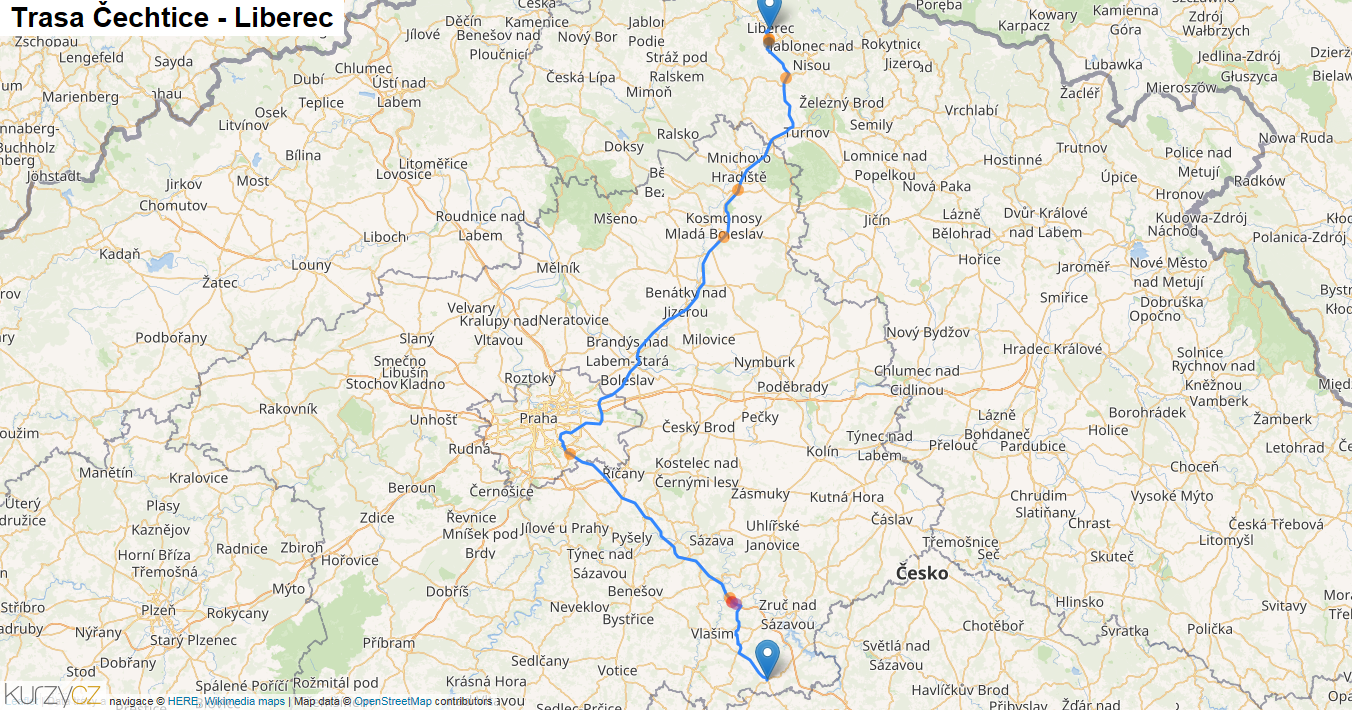 Čechtice-Liberec, mapa trasy
