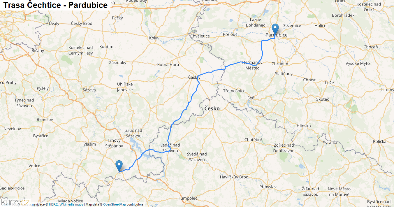 Čechtice-Pardubice, mapa trasy