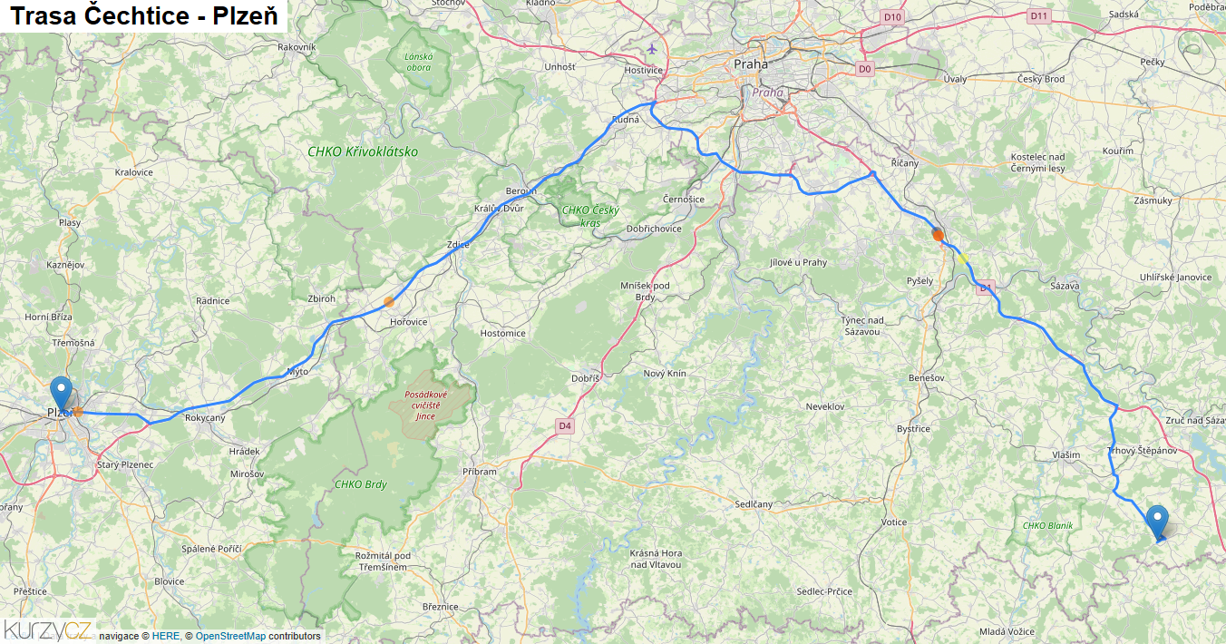 Čechtice-Plzeň, mapa trasy