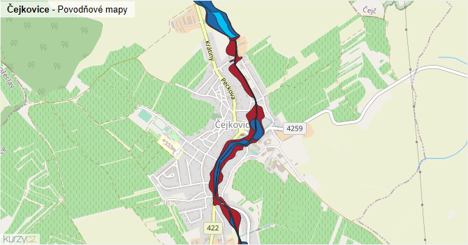 Čejkovice - záplavové mapy stoleté vody