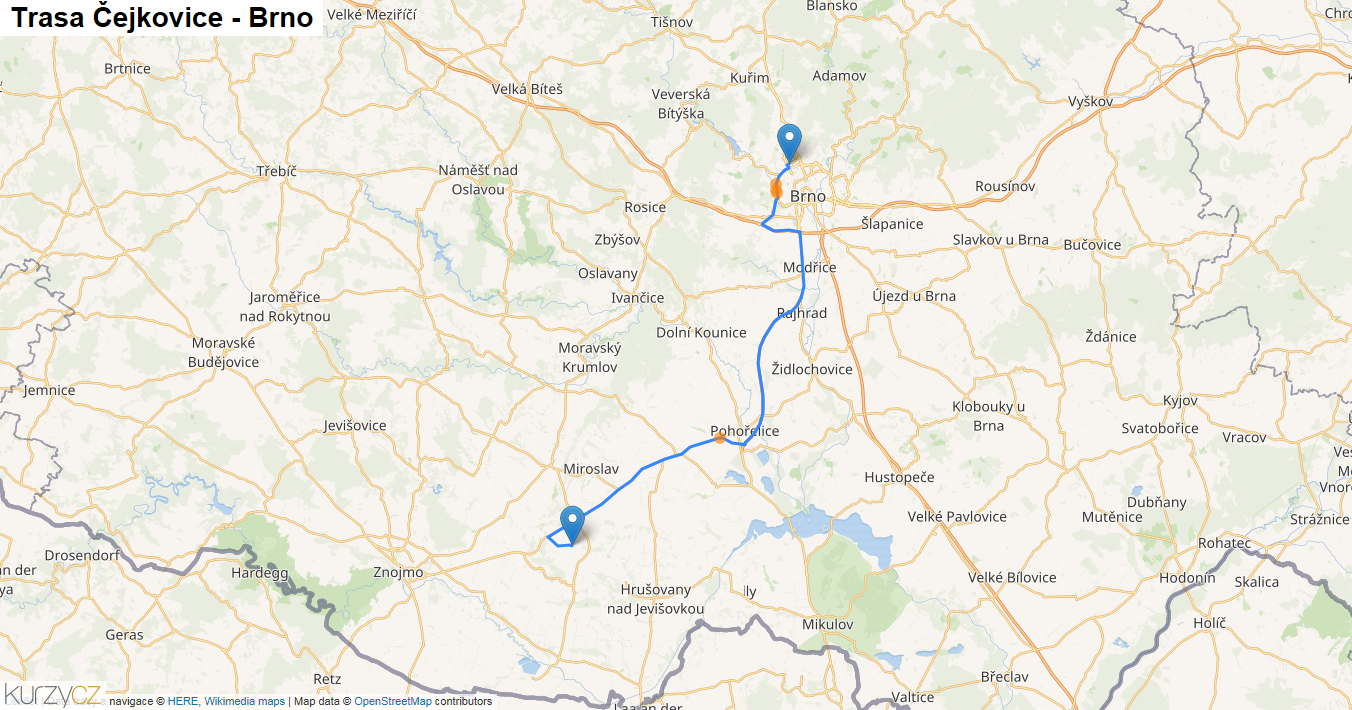 Čejkovice-Brno, mapa trasy