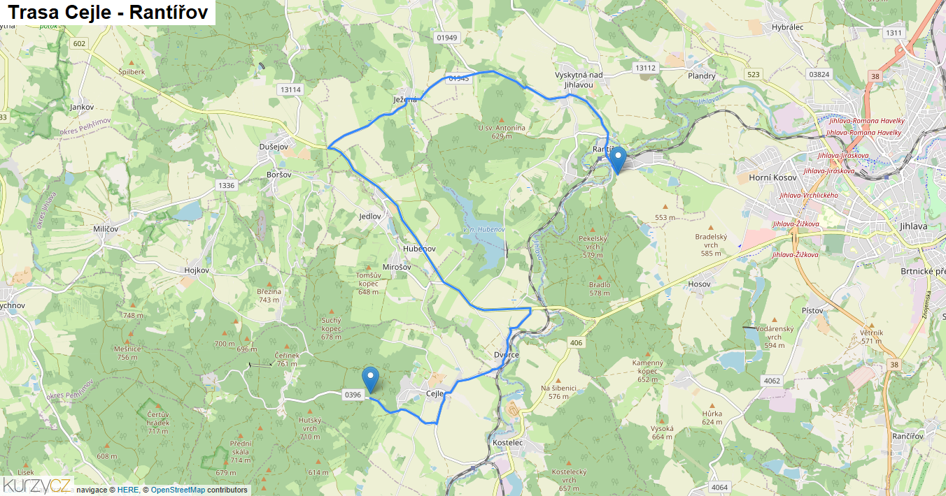 Cejle-Rantířov, mapa trasy