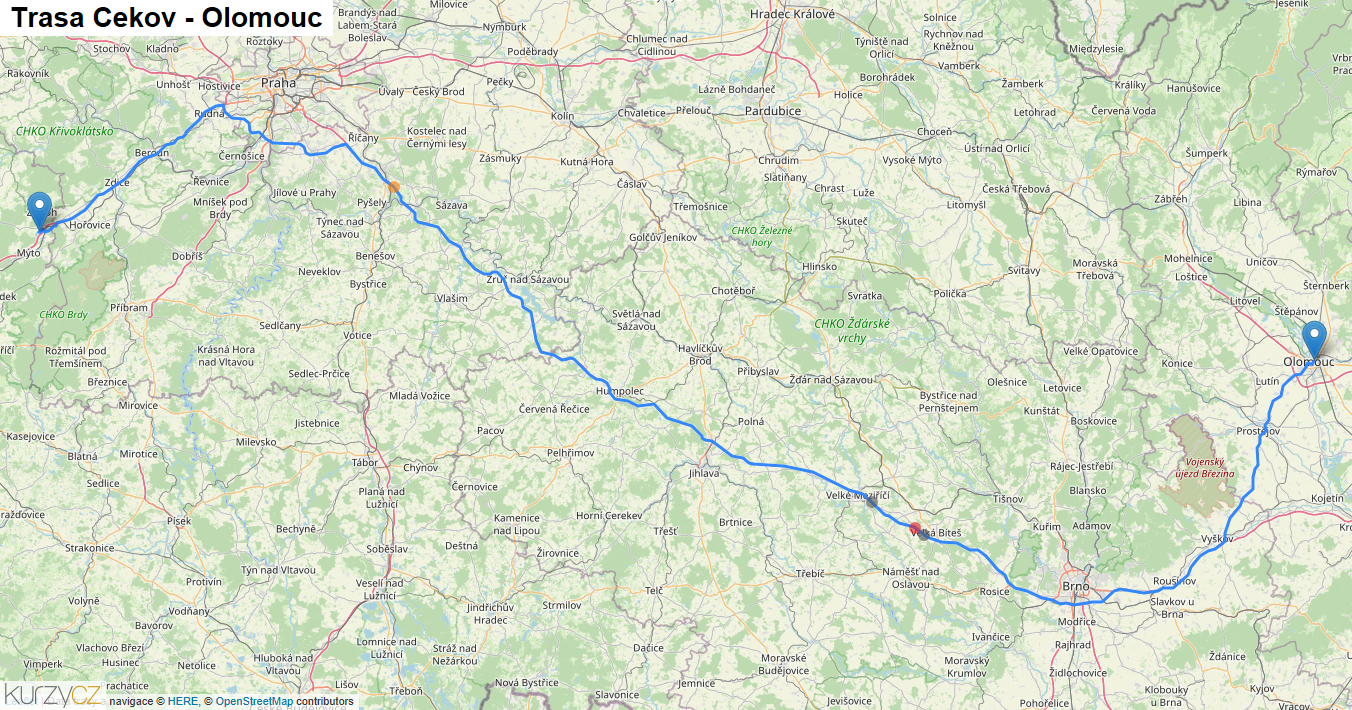 Cekov-Olomouc, mapa trasy