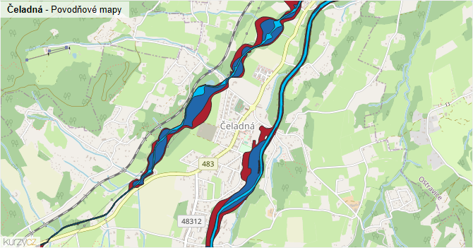Čeladná - záplavové mapy stoleté vody