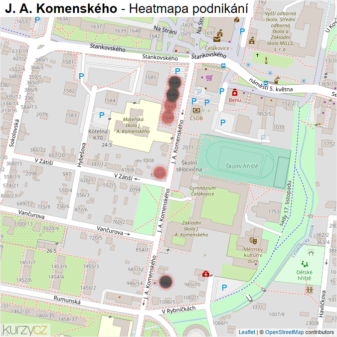 Mapa J. A. Komenského - Firmy v ulici.