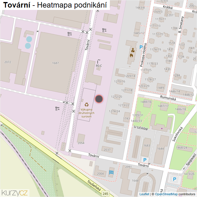 Mapa Tovární - Firmy v ulici.