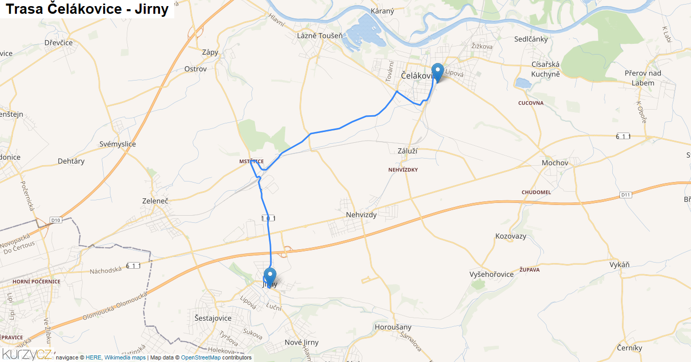 Čelákovice-Jirny, mapa trasy