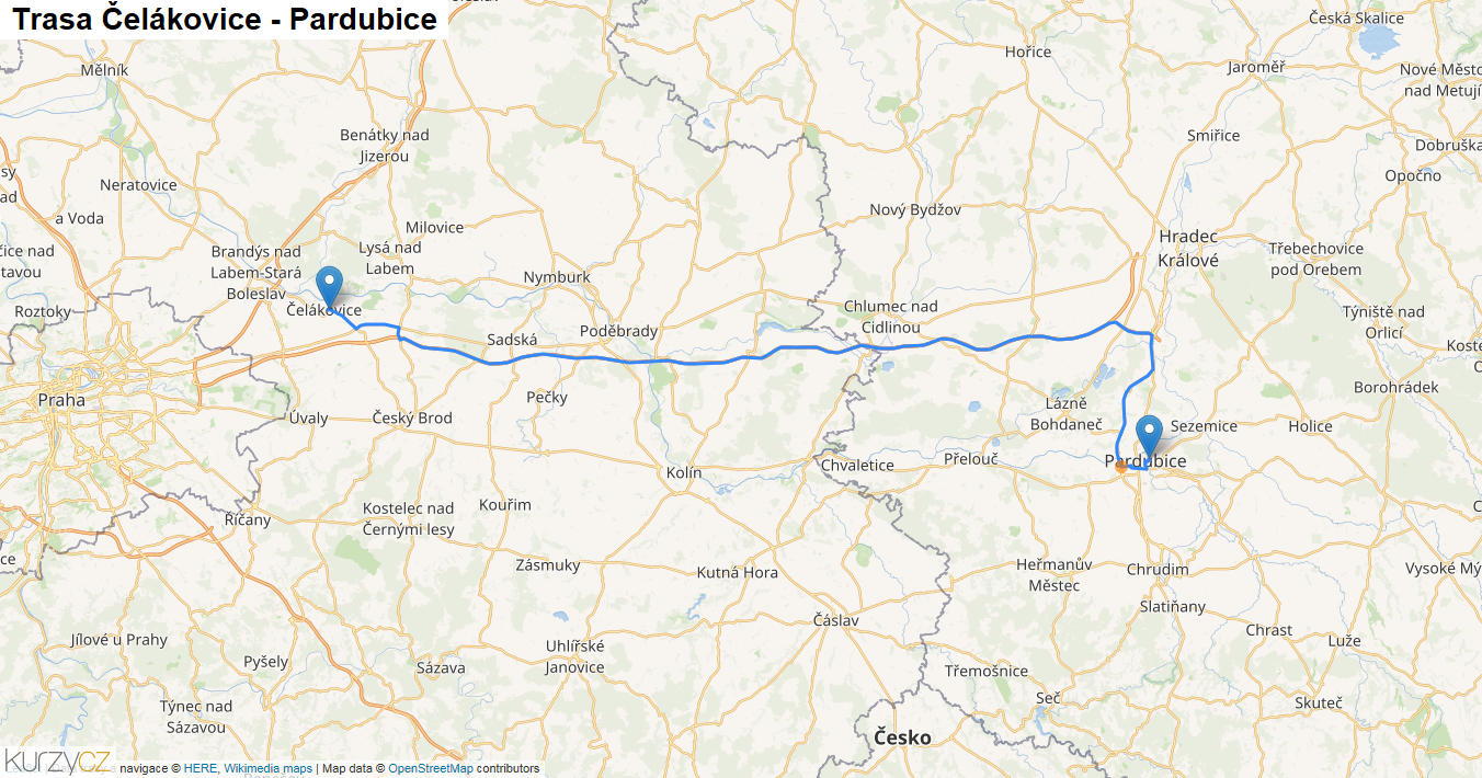Čelákovice-Pardubice, mapa trasy