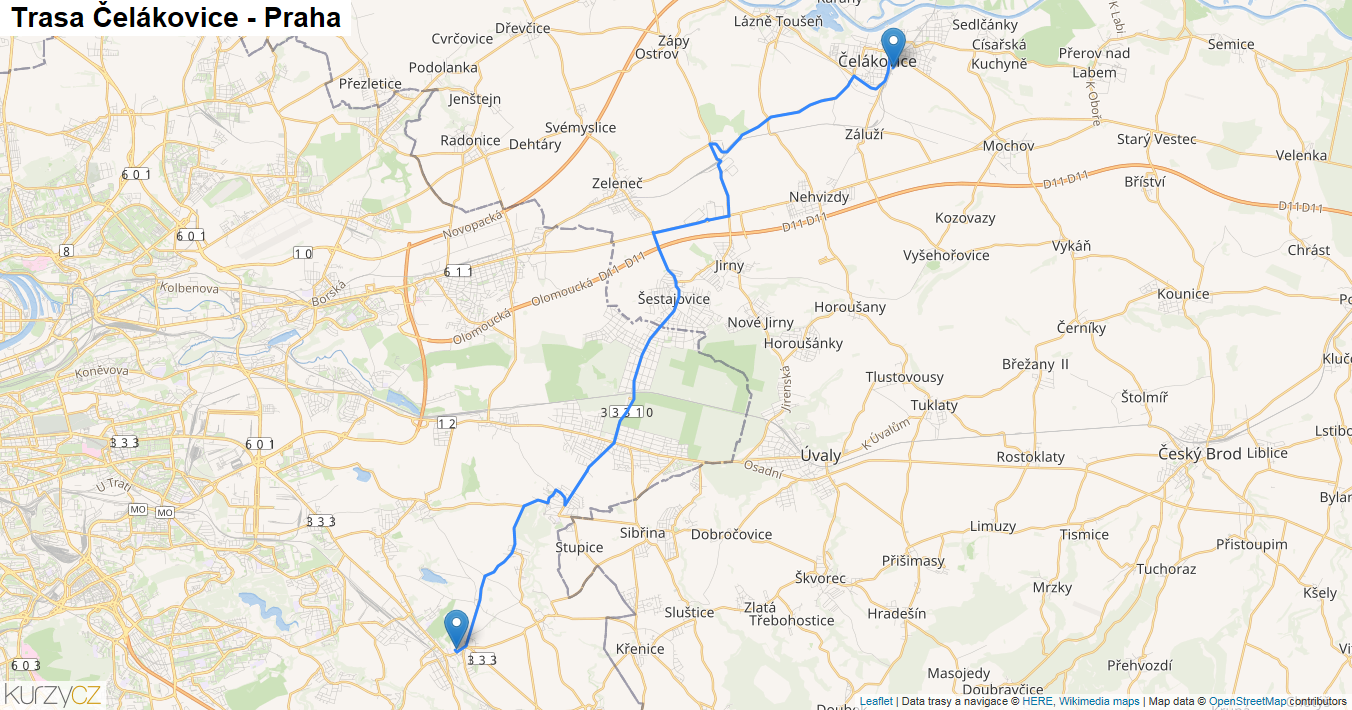 Čelákovice-Praha, mapa trasy