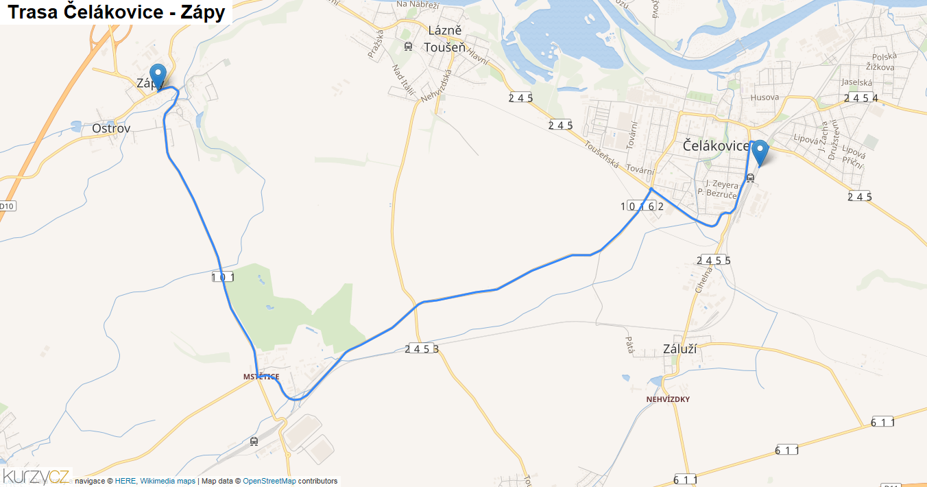 Čelákovice-Zápy, mapa trasy