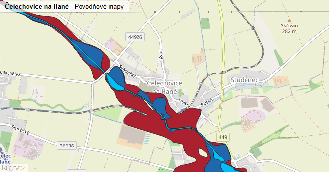 Čelechovice na Hané - záplavové mapy stoleté vody