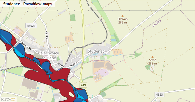 Studenec - záplavové mapy stoleté vody