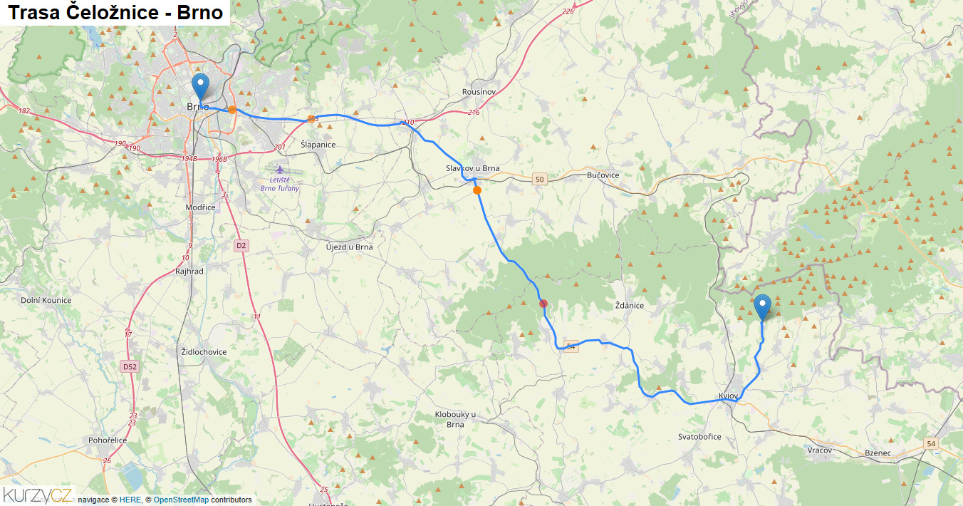 Čeložnice-Brno, mapa trasy