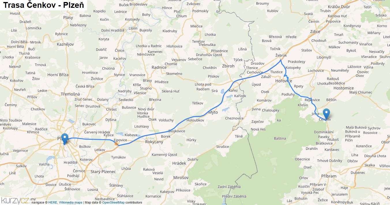 Čenkov-Plzeň, mapa trasy