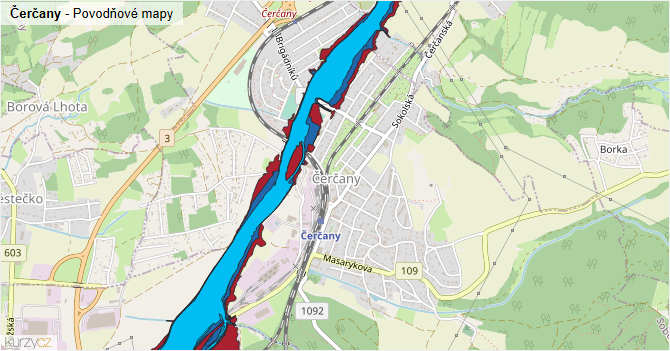 Čerčany - záplavové mapy stoleté vody
