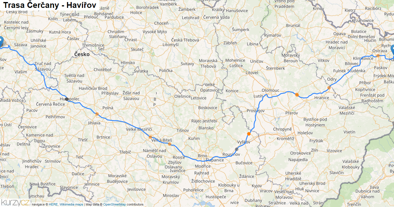 Čerčany-Havířov, mapa trasy