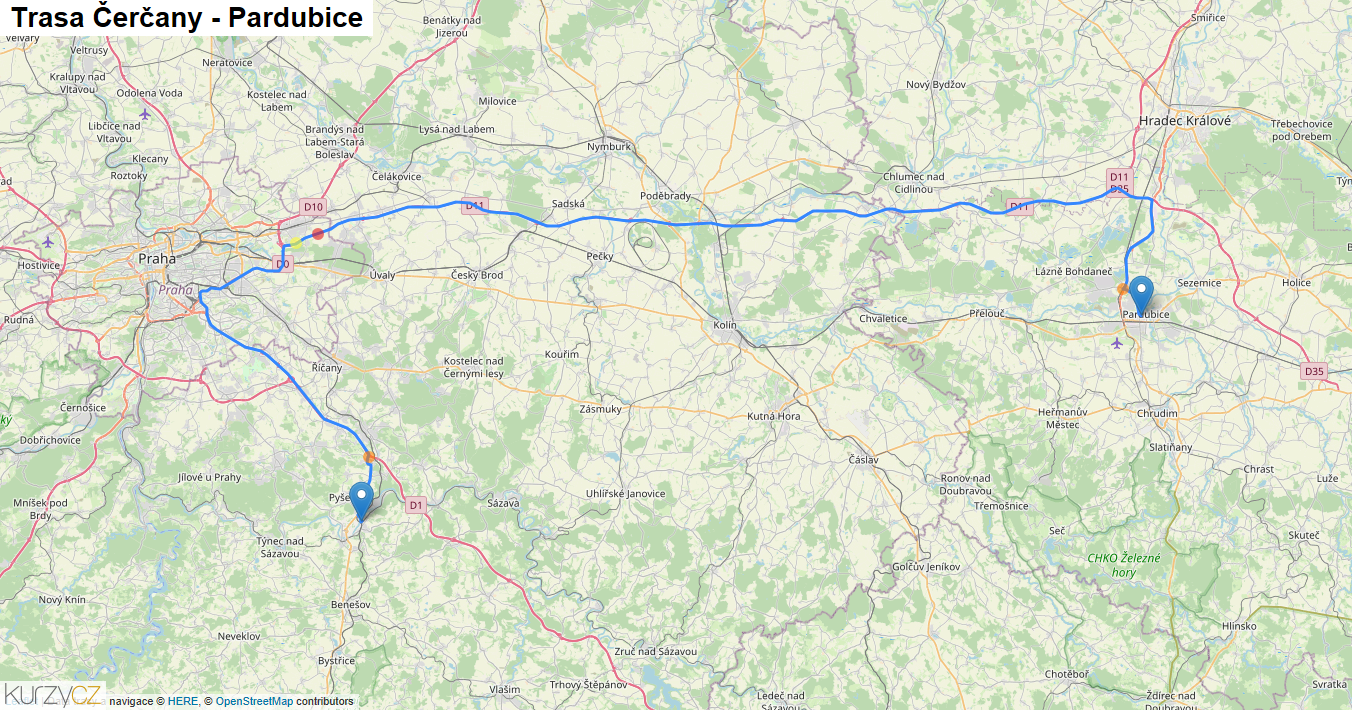 Čerčany-Pardubice, mapa trasy