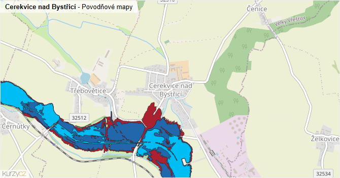 Cerekvice nad Bystřicí - záplavové mapy stoleté vody