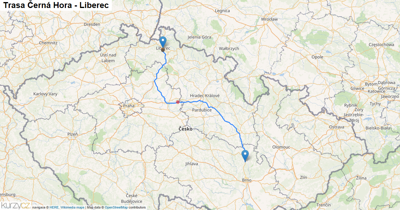 Černá Hora-Liberec, mapa trasy