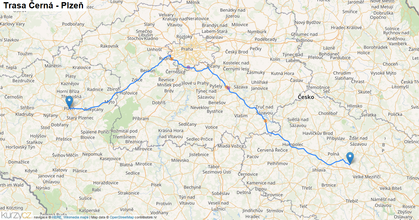 Černá-Plzeň, mapa trasy