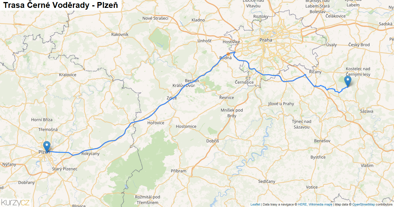 Černé Voděrady-Plzeň, mapa trasy