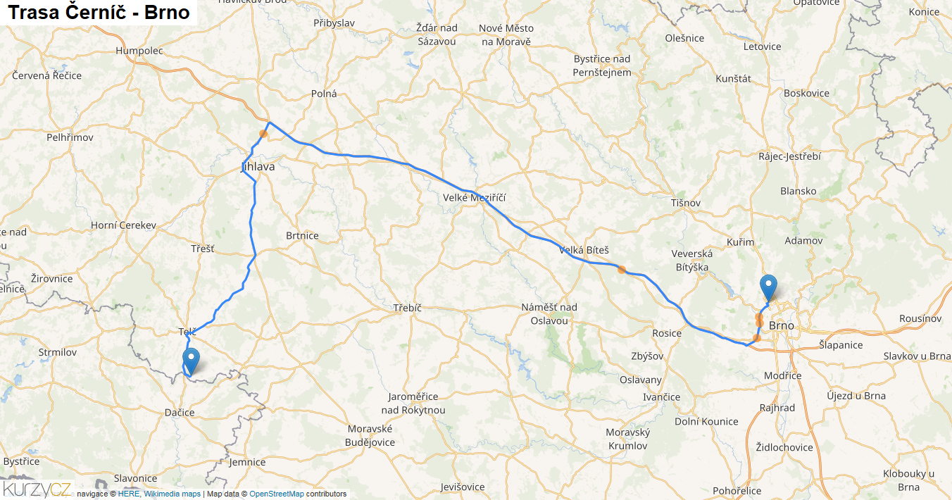 Černíč-Brno, mapa trasy
