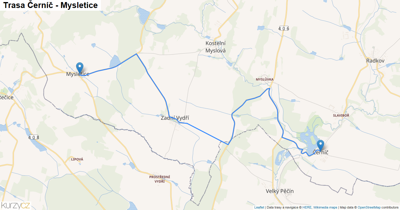 Černíč-Mysletice, mapa trasy