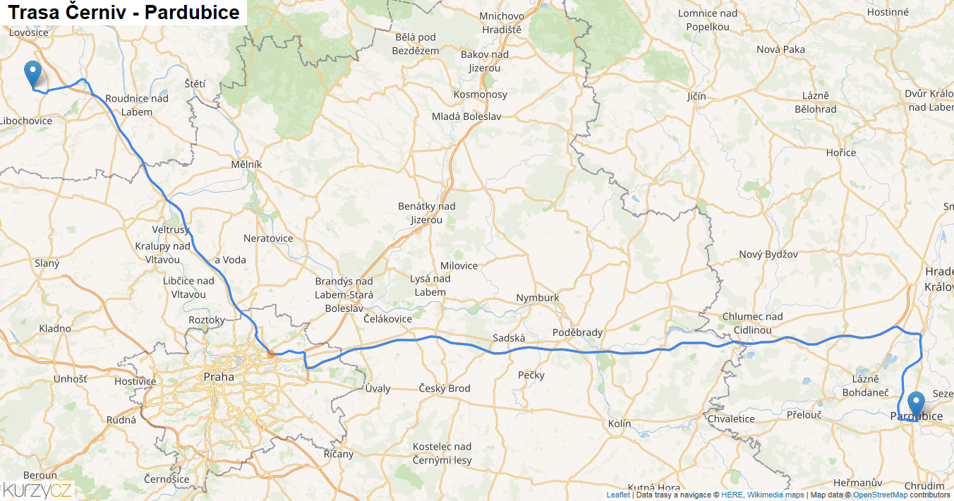 Černiv-Pardubice, mapa trasy