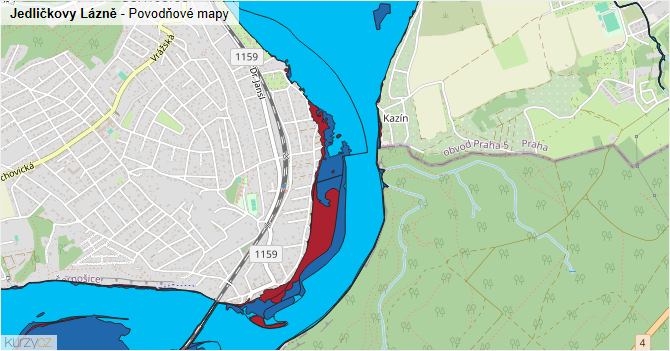 Jedličkovy Lázně - záplavové mapy stoleté vody