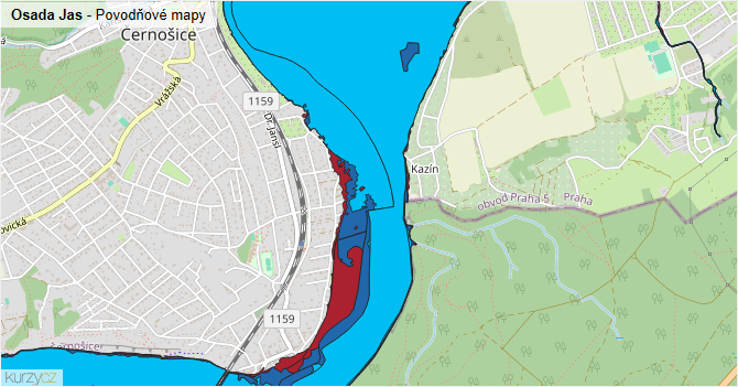 Osada Jas - záplavové mapy stoleté vody
