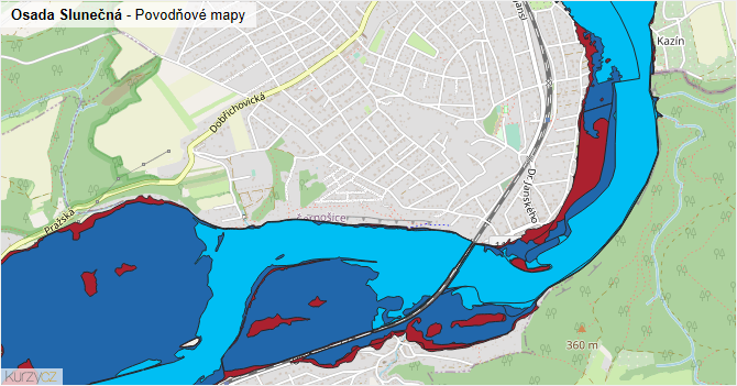 Osada Slunečná - záplavové mapy stoleté vody