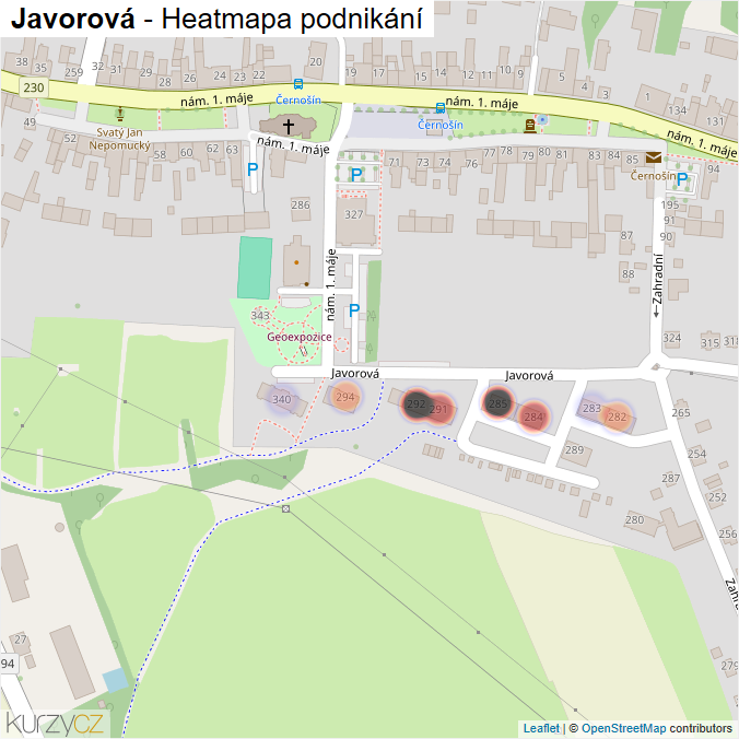Mapa Javorová - Firmy v ulici.