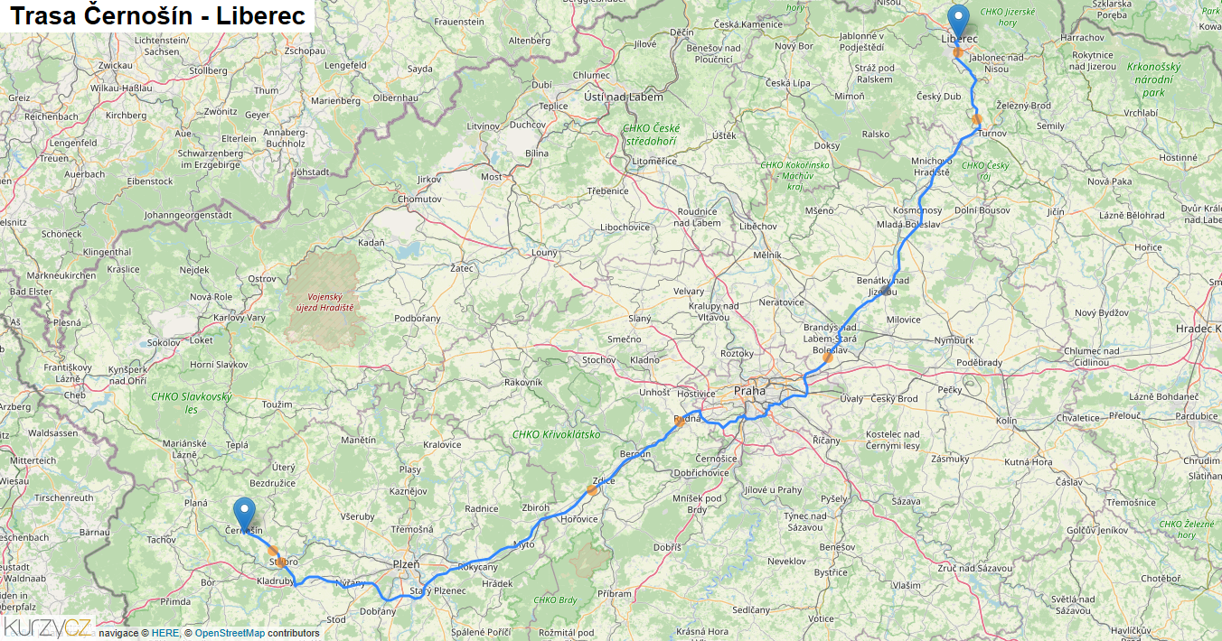 Černošín-Liberec, mapa trasy