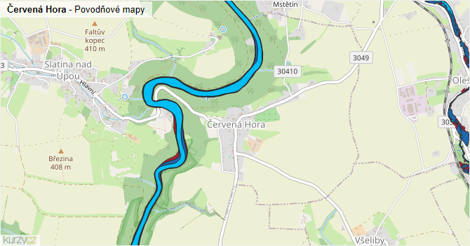 Červená Hora - záplavové mapy stoleté vody