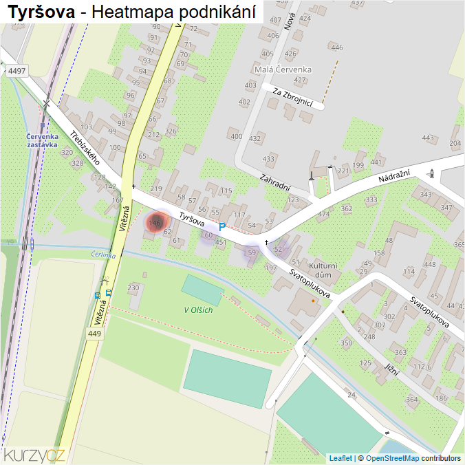 Mapa Tyršova - Firmy v ulici.