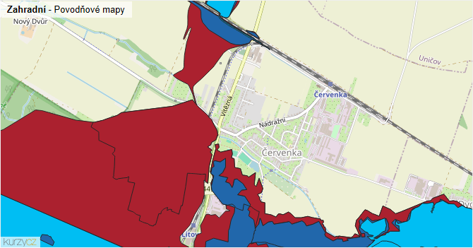 Zahradní - záplavové mapy stoleté vody