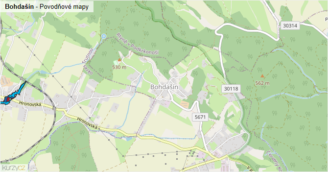 Bohdašín - záplavové mapy stoleté vody