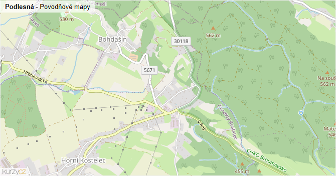 Podlesná - záplavové mapy stoleté vody